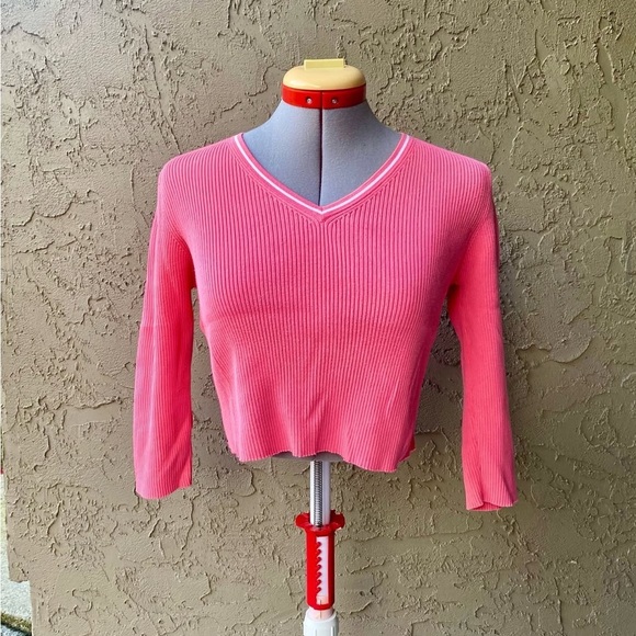 Pink Ribbed V Neck Longsleeve with White Trim - Picture 1 of 1